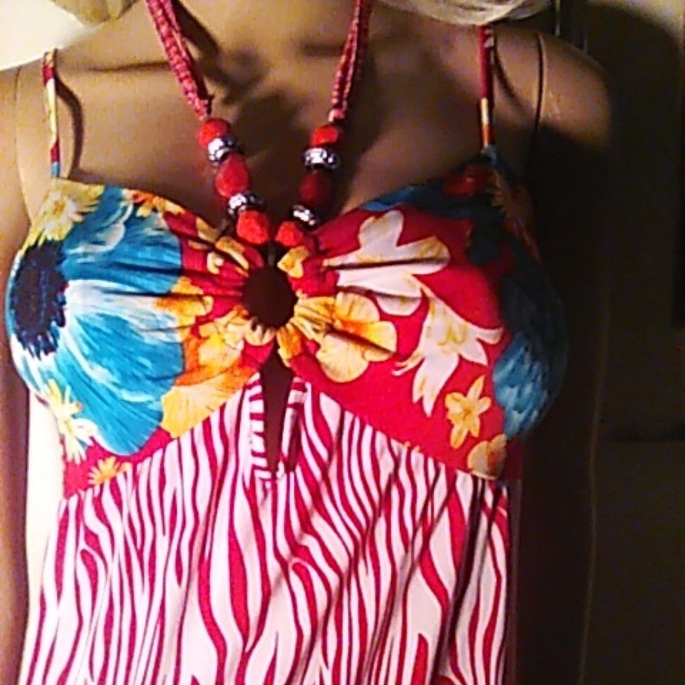 Ace Fashion Dress XL Red Beads Halter Spaghetti Straps High Low Hem Bra Tropical